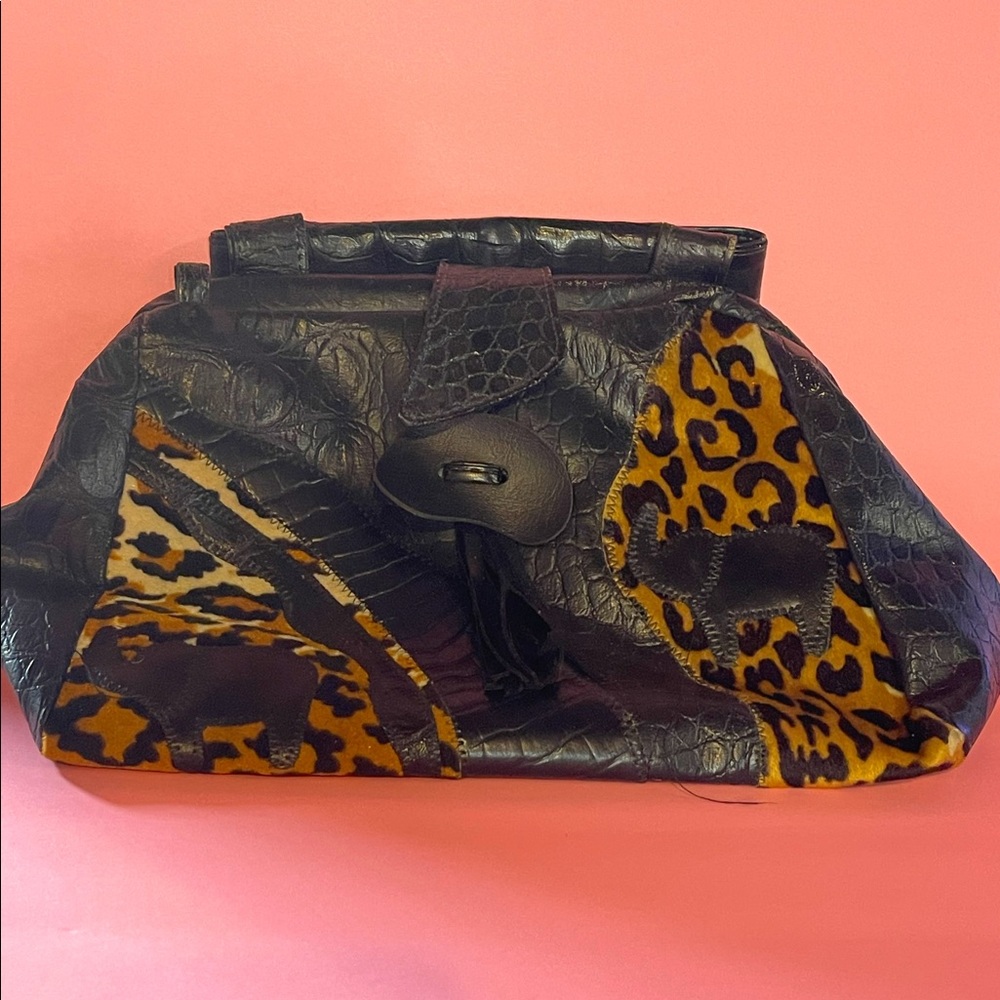Leopard Elephant bohemian Patchwork Black faux Leather handbag bag purse